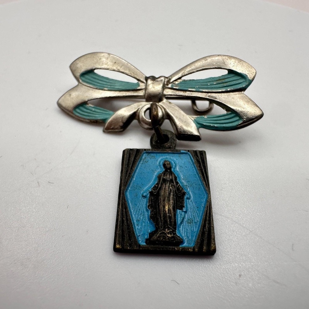 Vintage 90s Catholic Miraculous Medal Bow Pin Virgin Mary Religious Jewelry - Picture 1 of 8